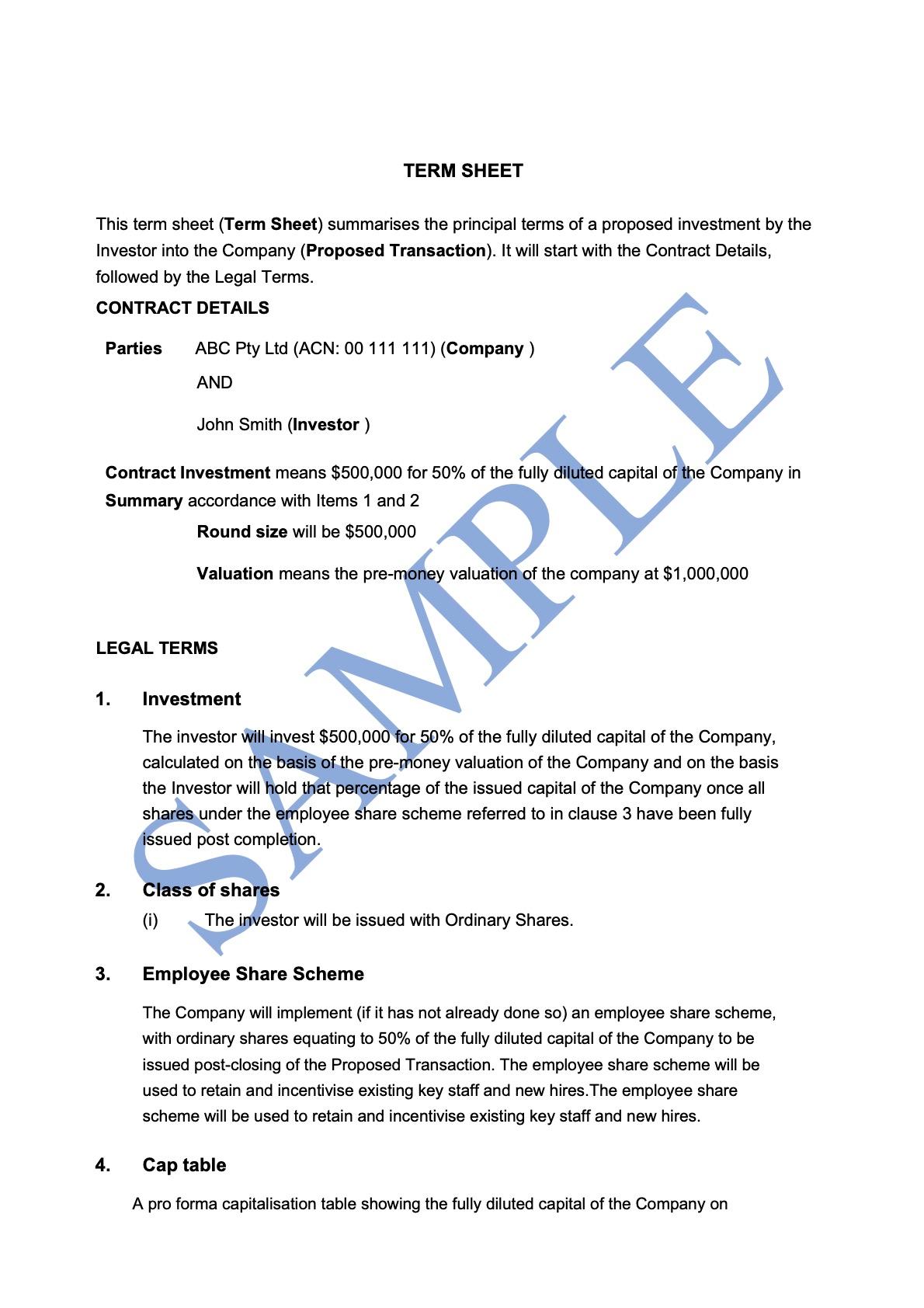 Term Sheet Investment Free Template Sample Lawpath