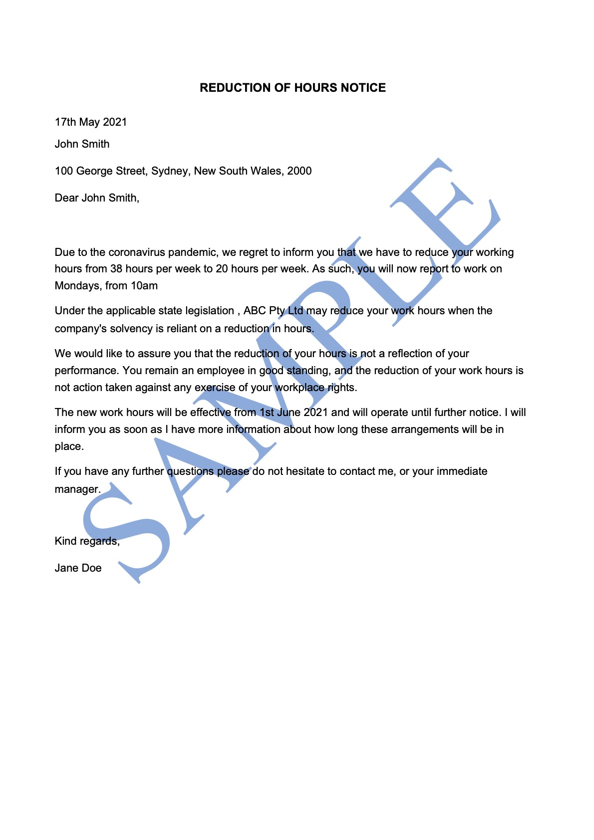 Reduction of Hours Notice Free Template Sample Lawpath