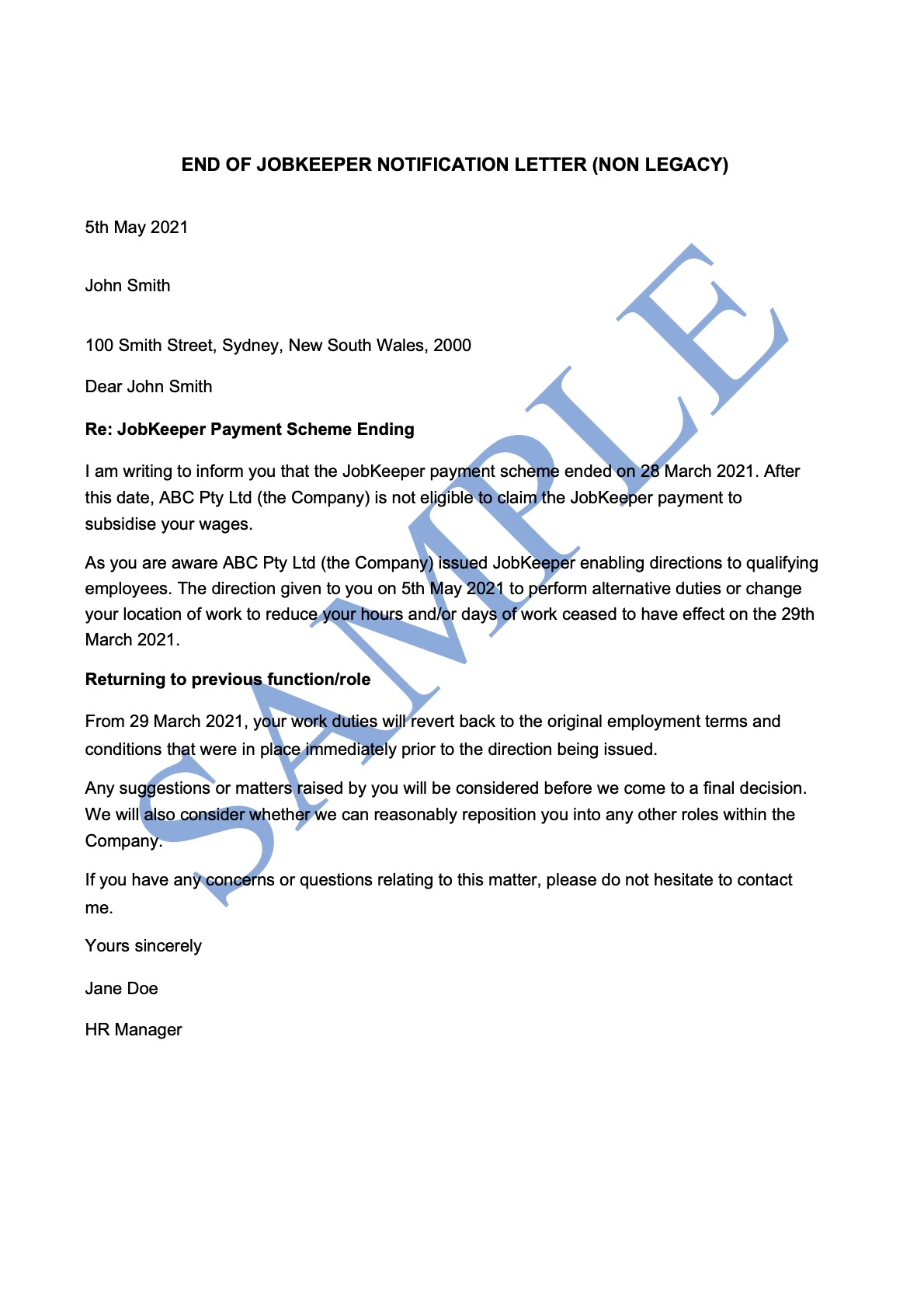 End of Jobkeeper Notification Letter (Non Legacy)