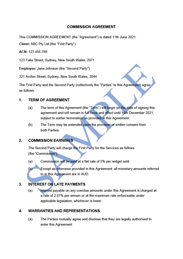 Commission Agreement - Free Template | Sample - Lawpath