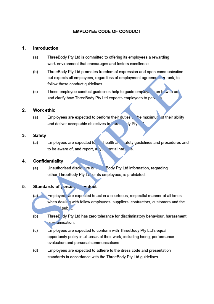 Employee Code of Conduct Free Template Sample Lawpath